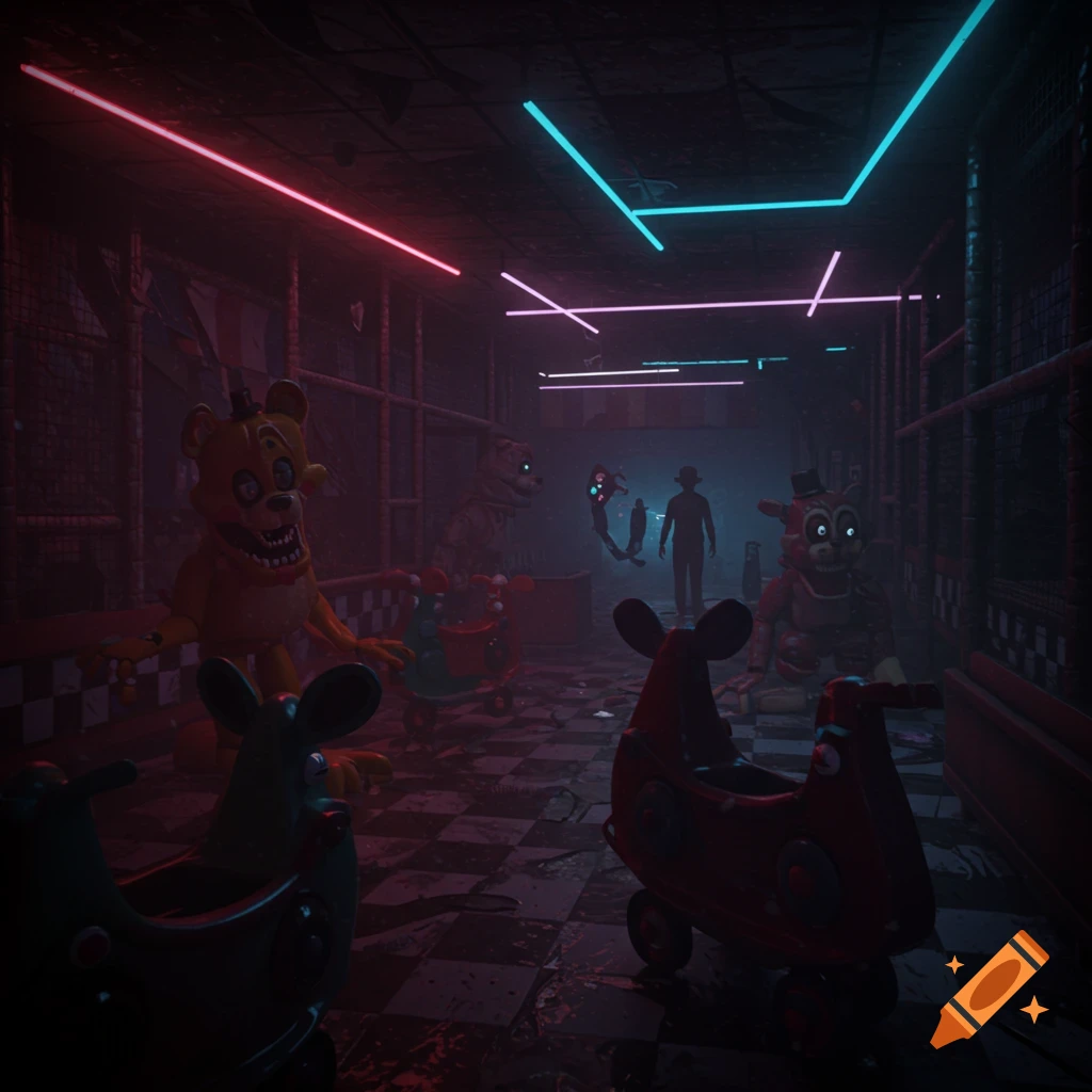 Creepy animatronics and a figure in a dark, neon-lit room with riding toys.