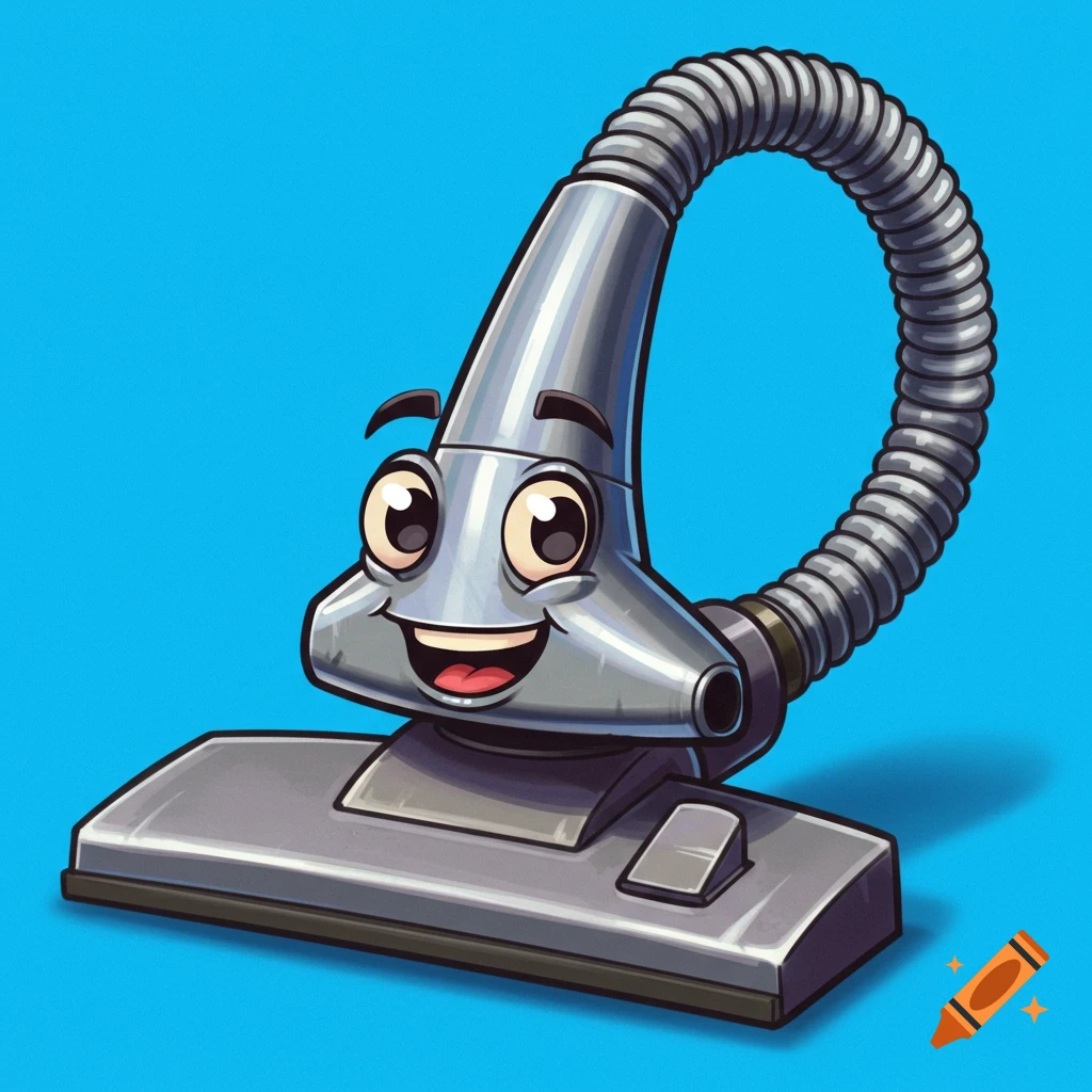 Cartoon illustration of a cheerful vacuum cleaner head with eyes and mouth.