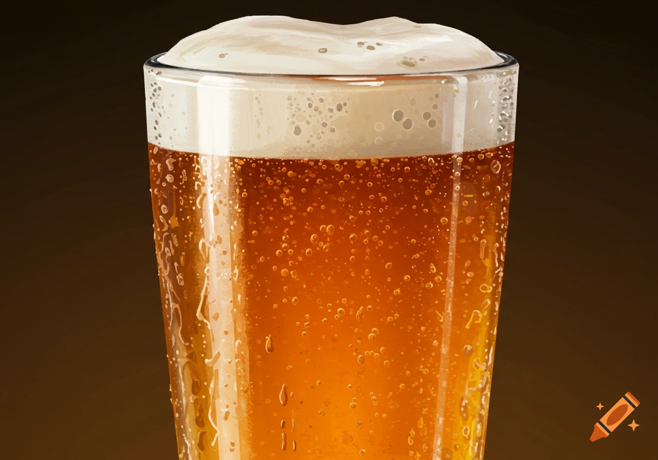 Close-up digital painting of a glass of beer with foam.