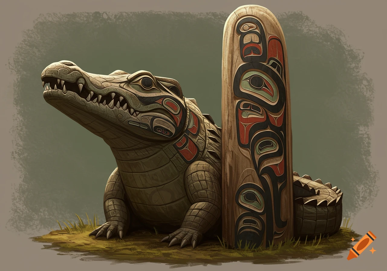 Crocodile statue in Indigenous Pacific Northwest Coast art style next to a totem pole.