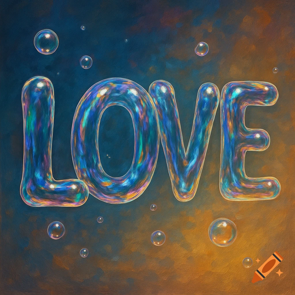 The word LOVE is formed by large iridescent bubbles on a textured blue and orange background with smaller bubbles floating around.
