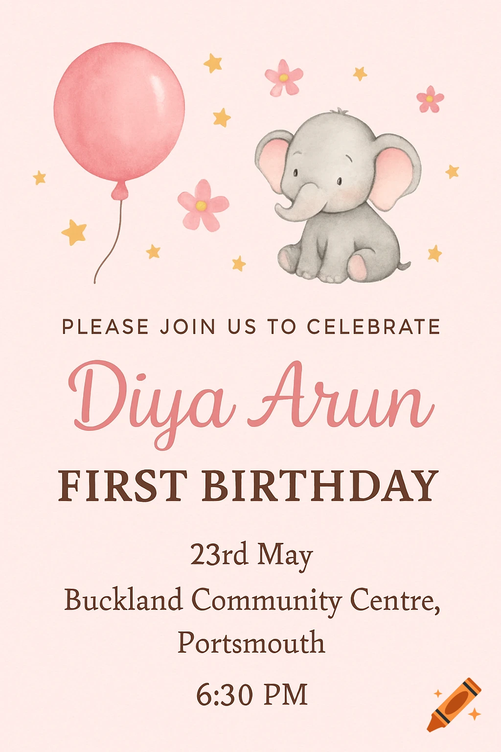 A watercolor illustration of a pink balloon and a baby elephant on a pink background with text for a first birthday invitation.
