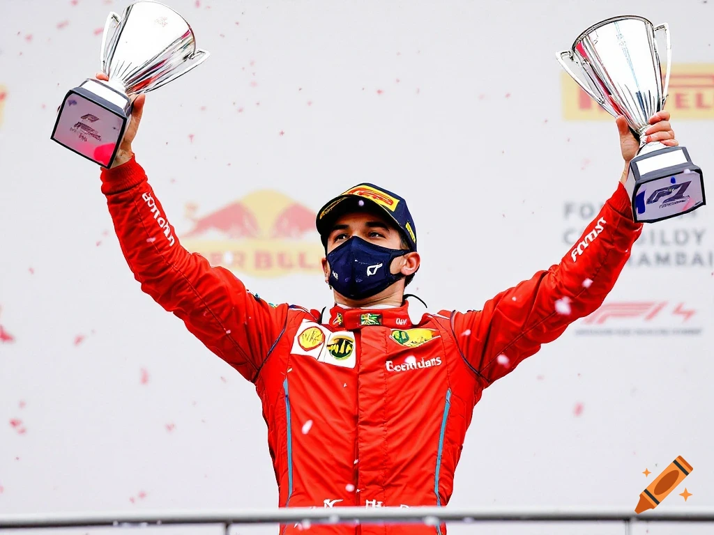 Person in red racing suit and mask holds up two trophies on a podium with confetti falling.