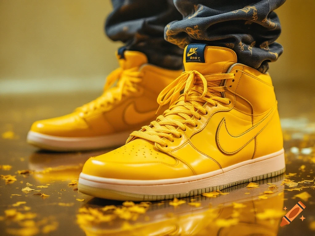 Close-up of shiny yellow high-top sneakers on a reflective surface with scattered yellow debris.