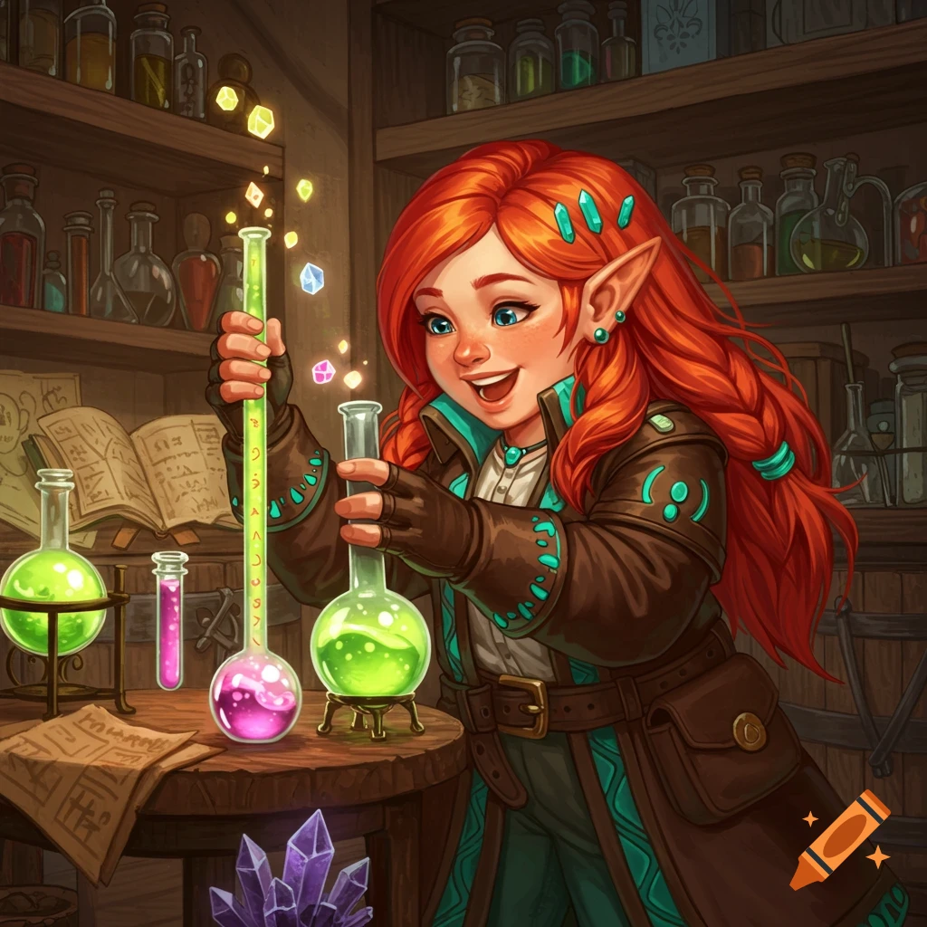 Fantasy alchemist girl with red hair mixing glowing potions in a lab, surrounded by bottles and crystals, illustration style.