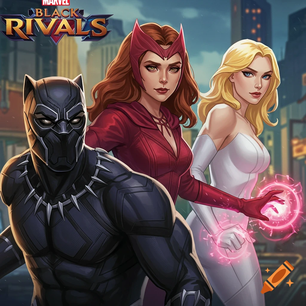 Black Panther, Scarlet Witch, and Emma Frost pose together in a city setting in a video game art style.