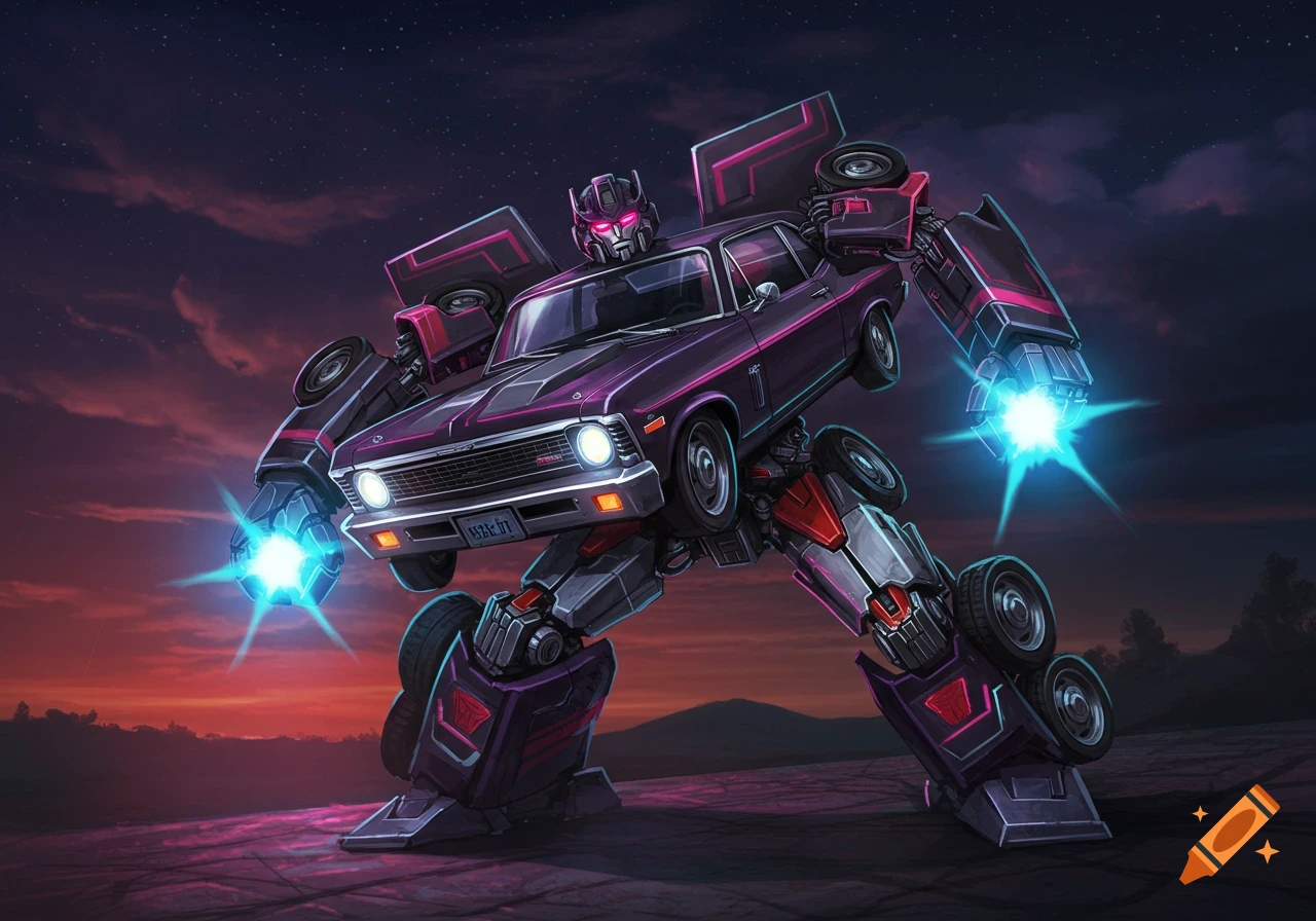 Purple car transformer robot standing against a sunset sky.