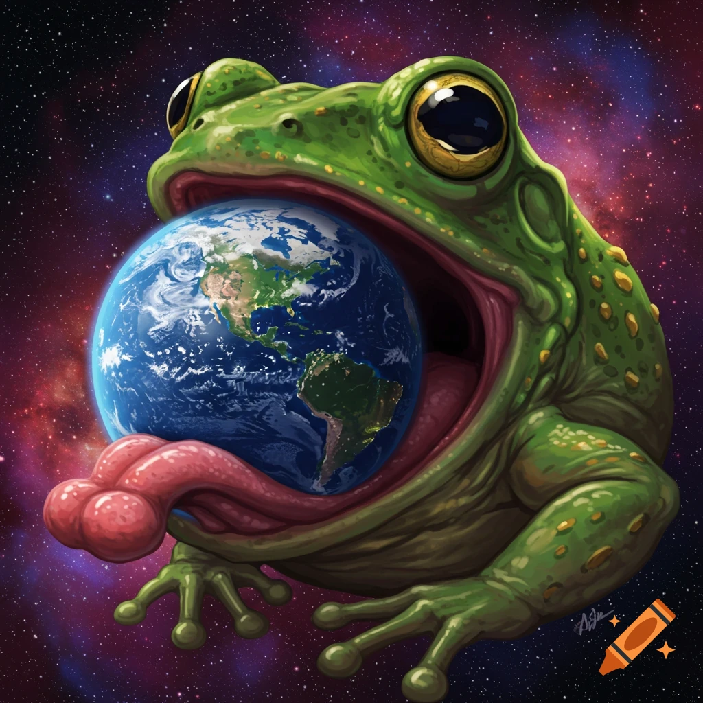 Cartoon frog with mouth wide open holding planet Earth inside in space