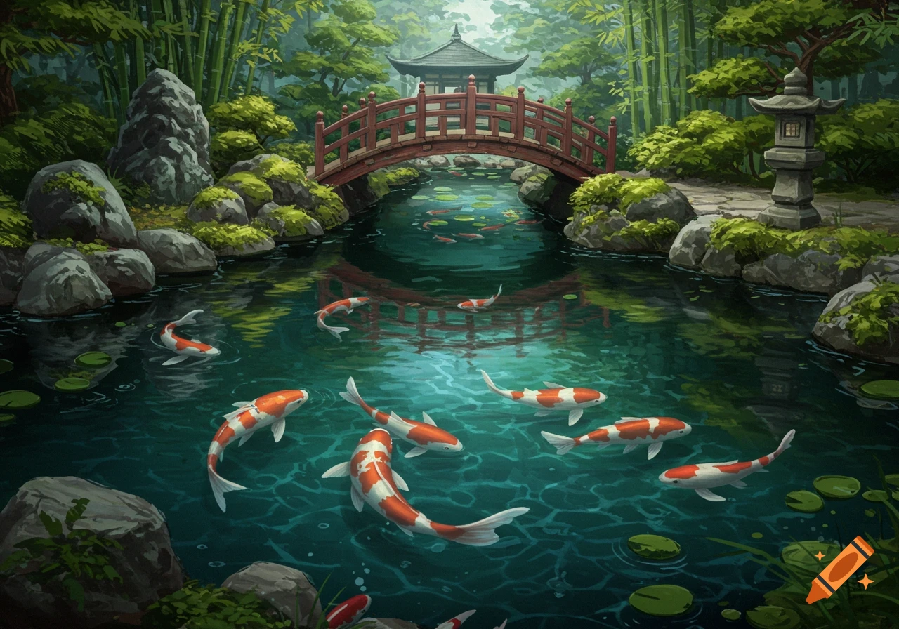 A serene Japanese garden with koi fish swimming in a pond, a red bridge, and a pagoda in the background.
