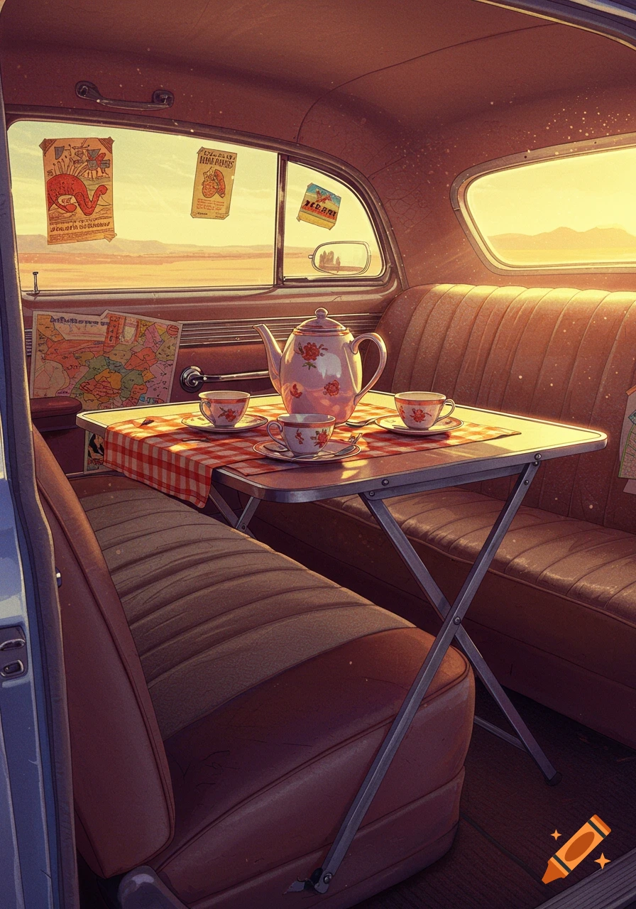 Interior view of a vintage car with a table set for tea. A desert landscape is seen through the windows.