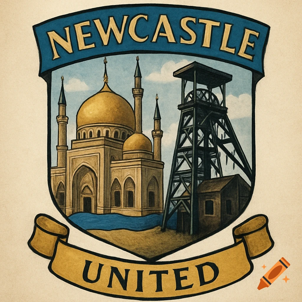 A badge design featuring a mosque and a coal mine within a shield shape, with banners reading 'NEWCASTLE' and 'UNITED'.