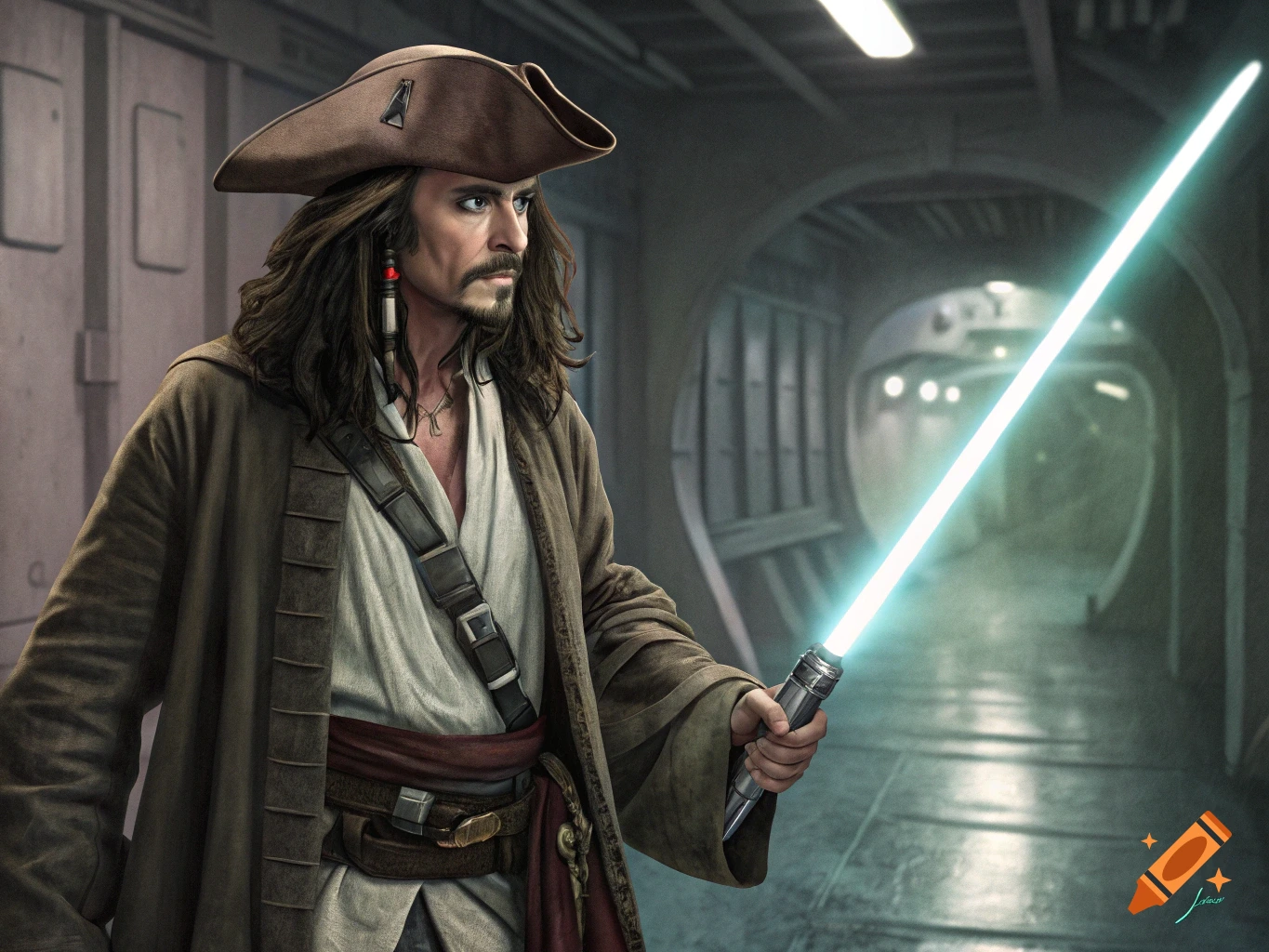 Jack Sparrow dressed as a Jedi knight holding a lightsaber in a spaceship corridor.