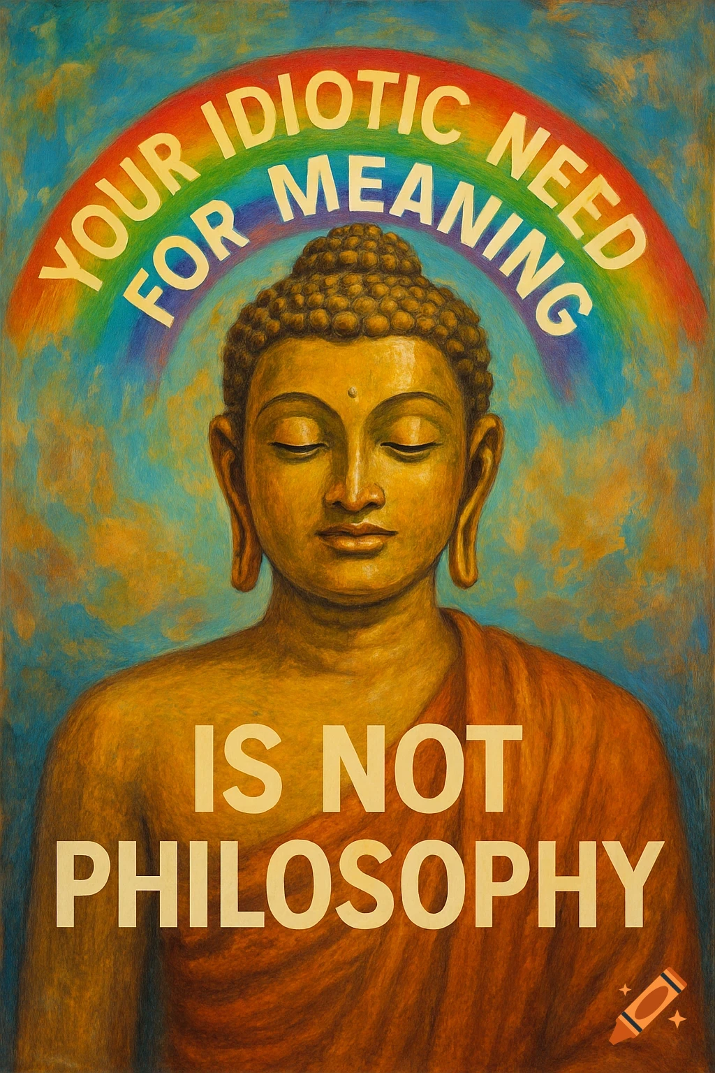 Painting of Buddha with 'Your idiotic need for meaning' text in a rainbow arc and 'is not philosophy' below.