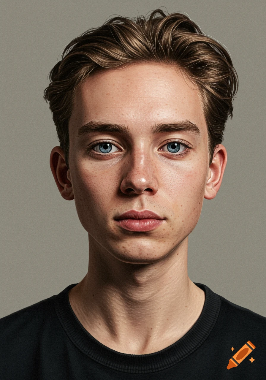 A realistic portrait of a young man with freckles and blue eyes, wearing a black shirt.