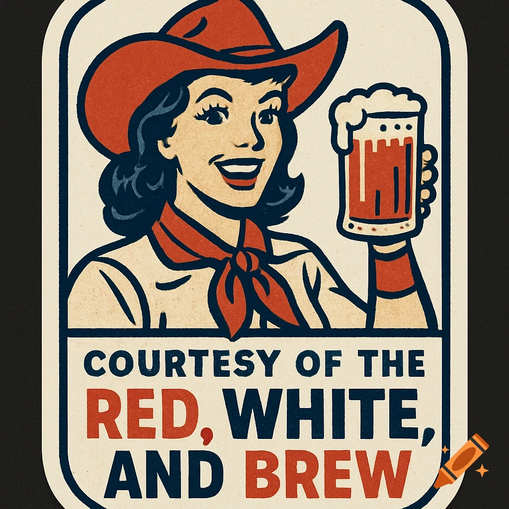Vintage comic illustration of a woman in a cowboy hat holding a beer.