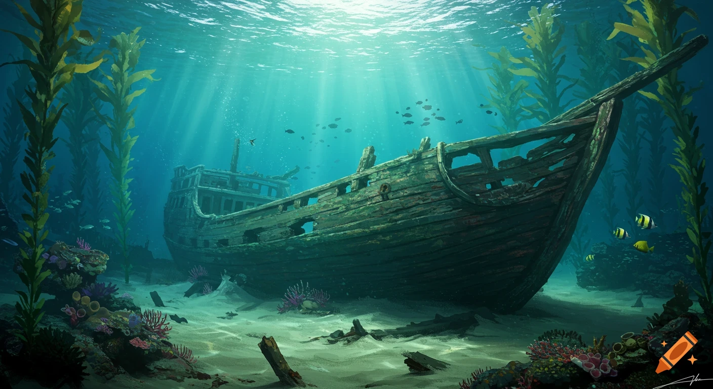 Underwater scene of a shipwreck on the ocean floor with sunlight rays, kelp, and fish.