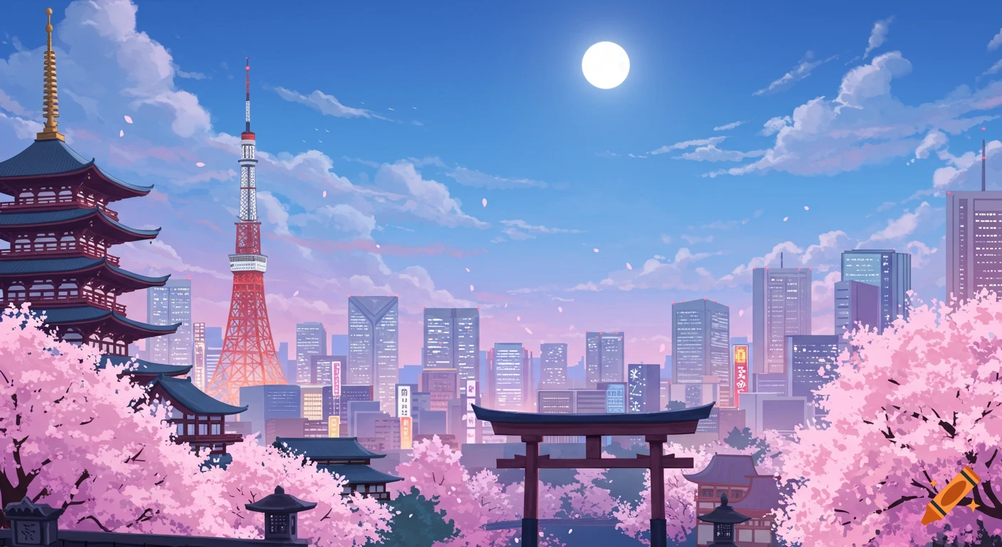 Anime illustration of Tokyo skyline with cherry blossoms, featuring a pagoda, torii gate, Tokyo Tower, and skyscrapers under a full moon.