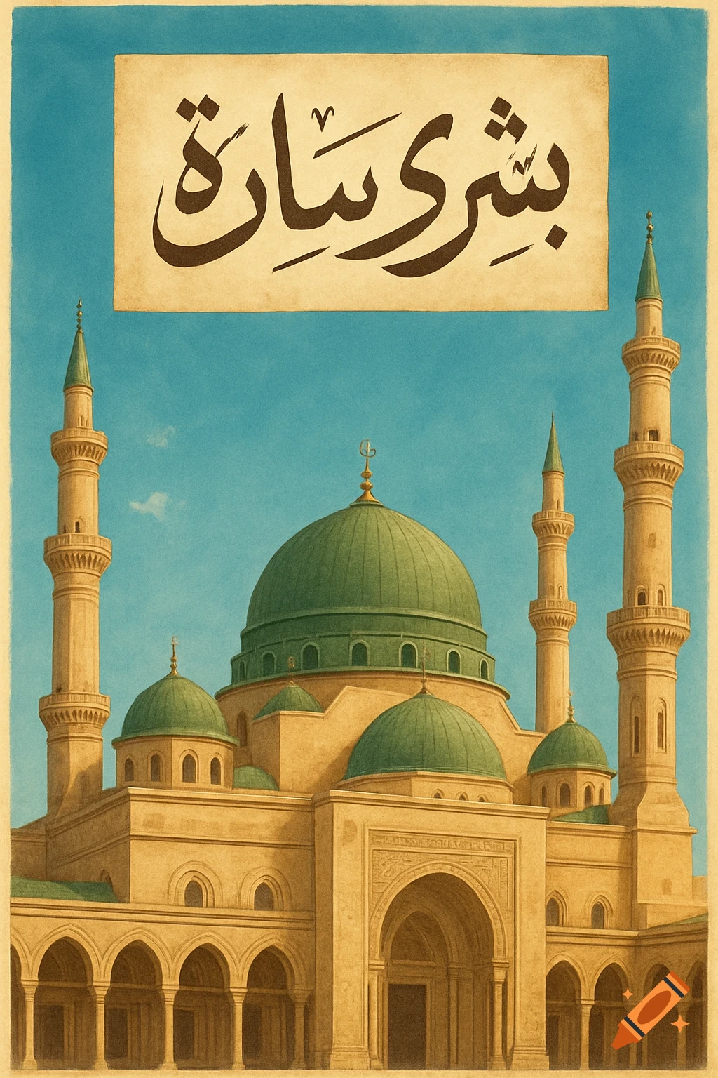 Stylized illustration of a mosque with Arabic calligraphy banner against a blue sky.