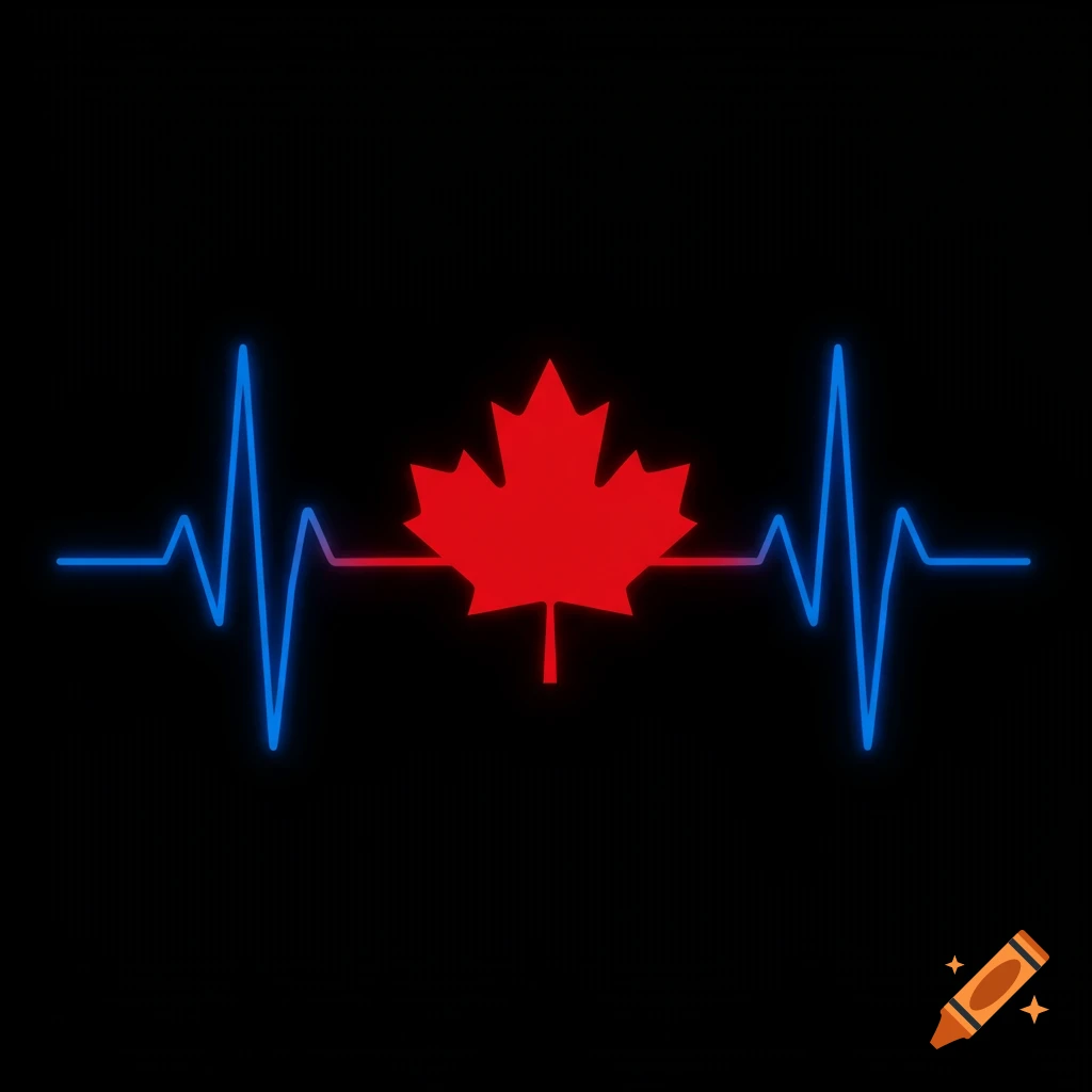 A red maple leaf on a neon blue and pink heartbeat line against a black background.