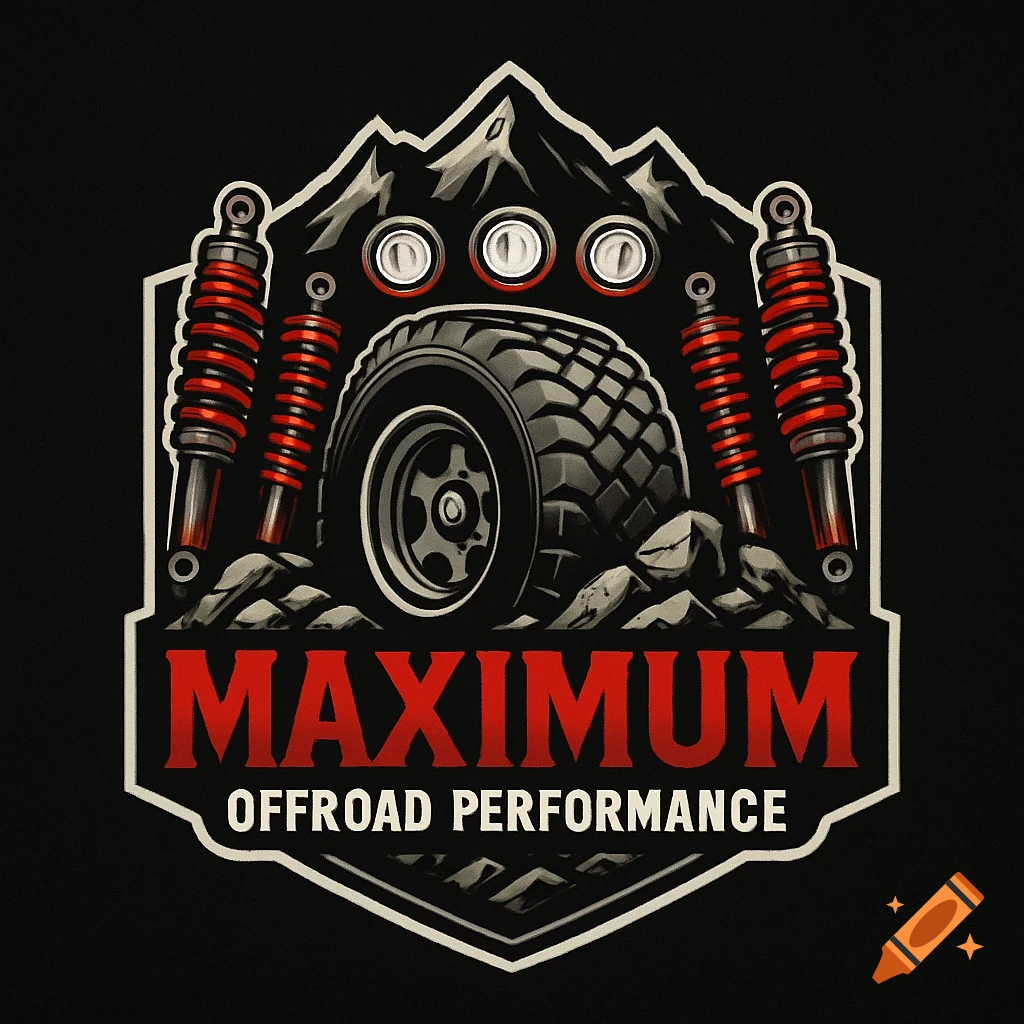Rugged offroad logo with a tire, shocks, lights, mountains, and text 'Maximum Offroad Performance'.