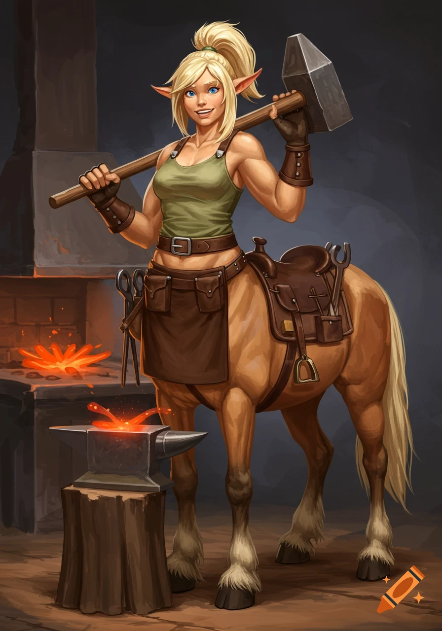 A muscular centaur girl holding a hammer in a blacksmith shop