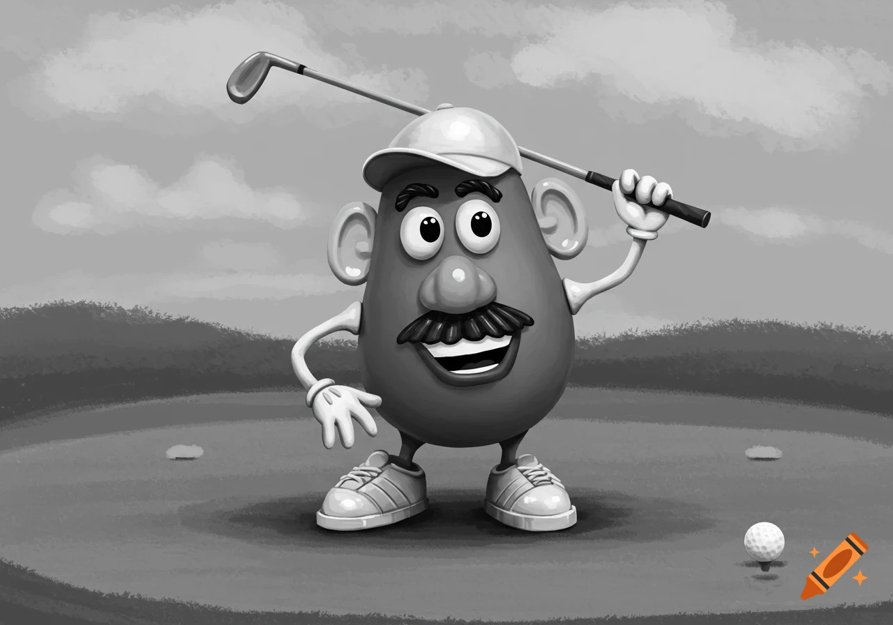 Monochrome illustration of Mr. Potato Head holding a golf club on a putting green.