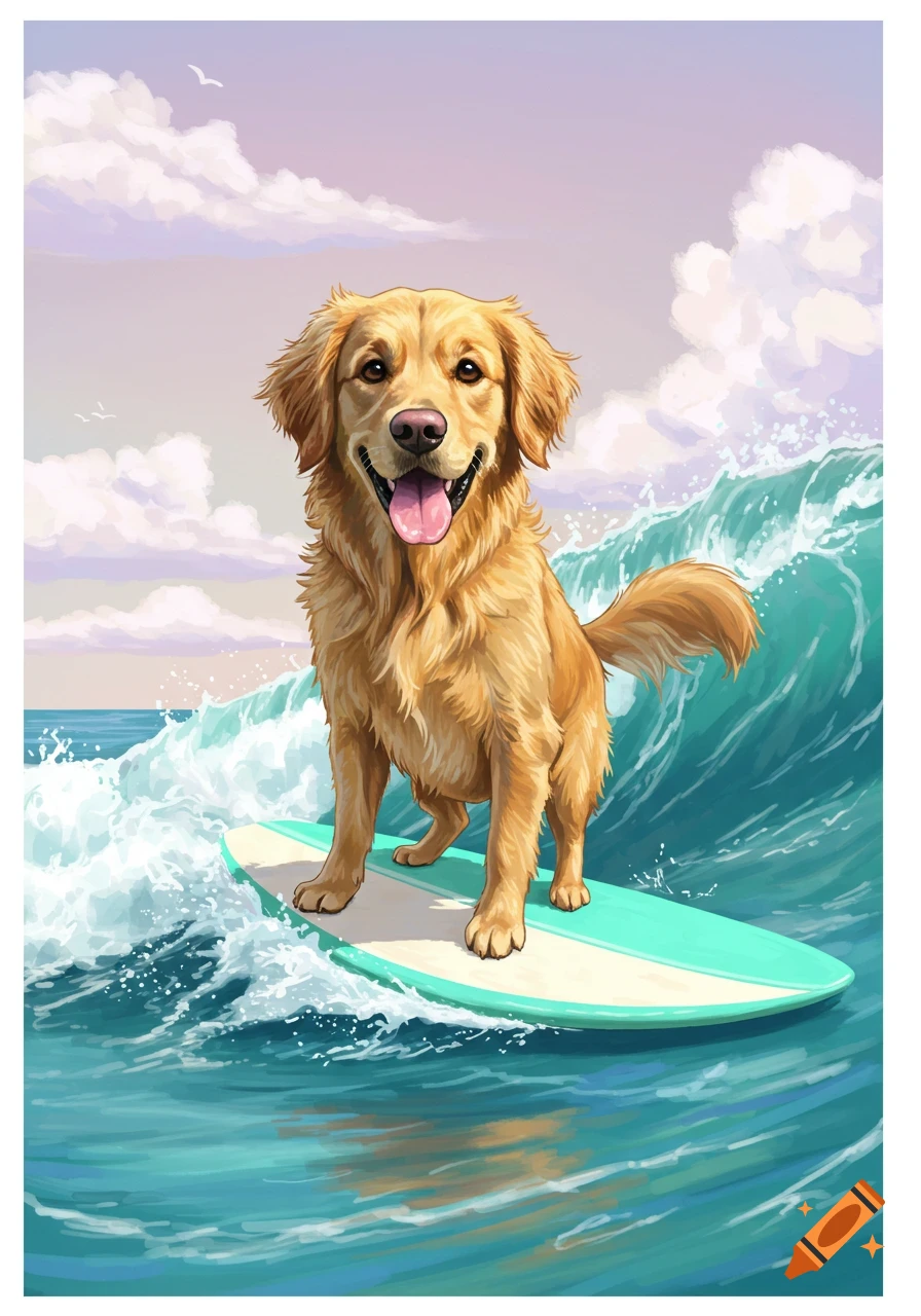 An illustration of a golden retriever dog standing on a surfboard and riding a wave in the ocean.