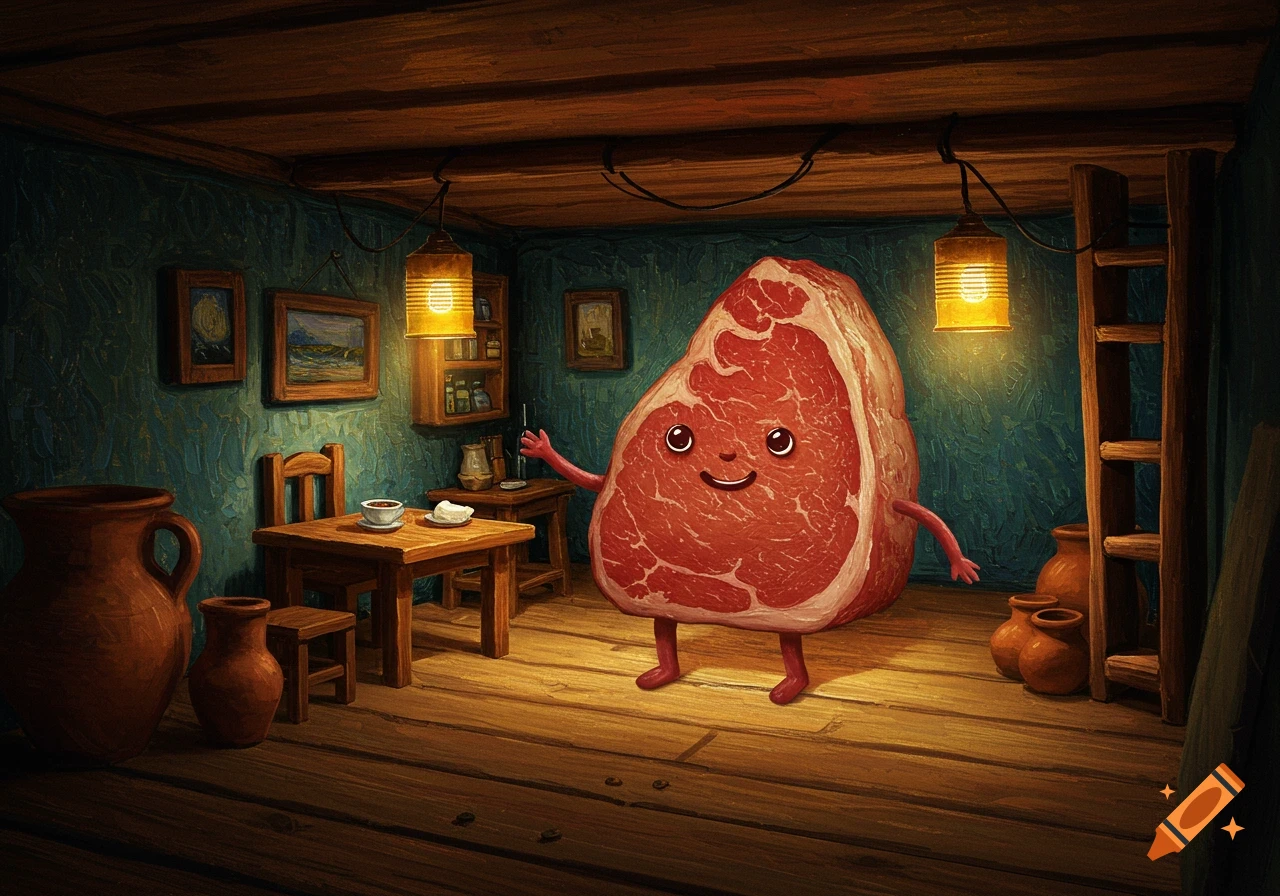 A smiling steak with arms and legs stands in a cozy cottage-style room, lit by lanterns, in a Van Gogh-like painting style.