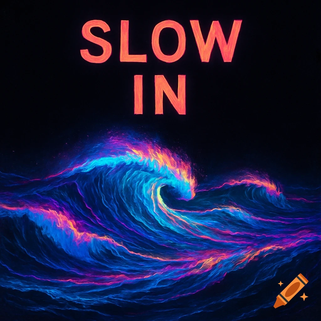Neon waves glowing with blue, pink, and orange light under the words SLOW IN on a black background.