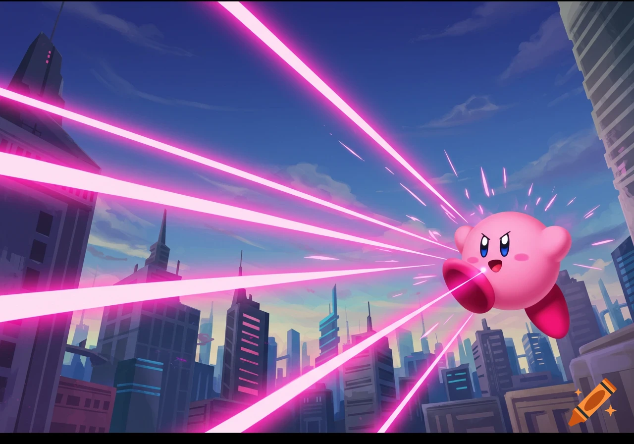 Kirby shoots pink lasers across a city skyline.