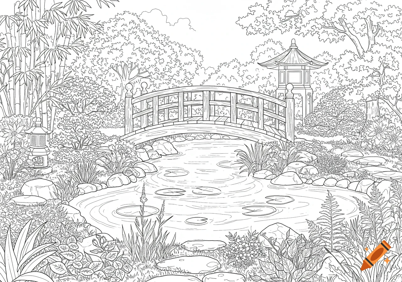 Line drawing of a Japanese garden with a bridge over a pond and plants.