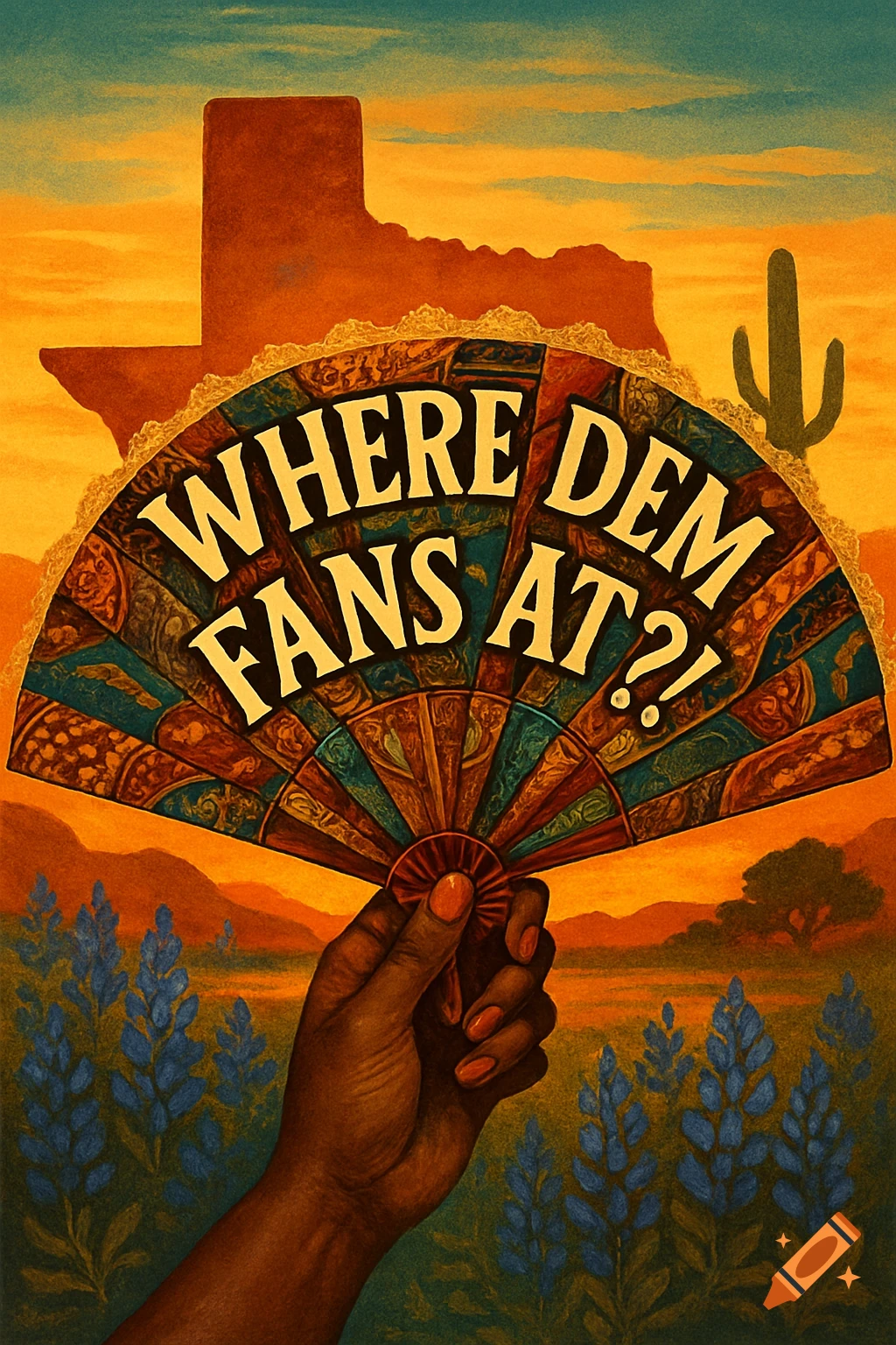 Hand holds a decorated folding fan with "Where Dem Fans At?!" over a Texas landscape with bluebonnets.