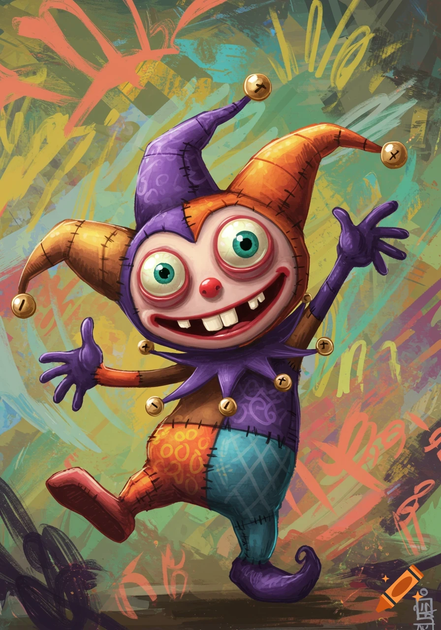 A silly cartoon jester with big eyes and a stitched look stands against a colorful, abstract background.