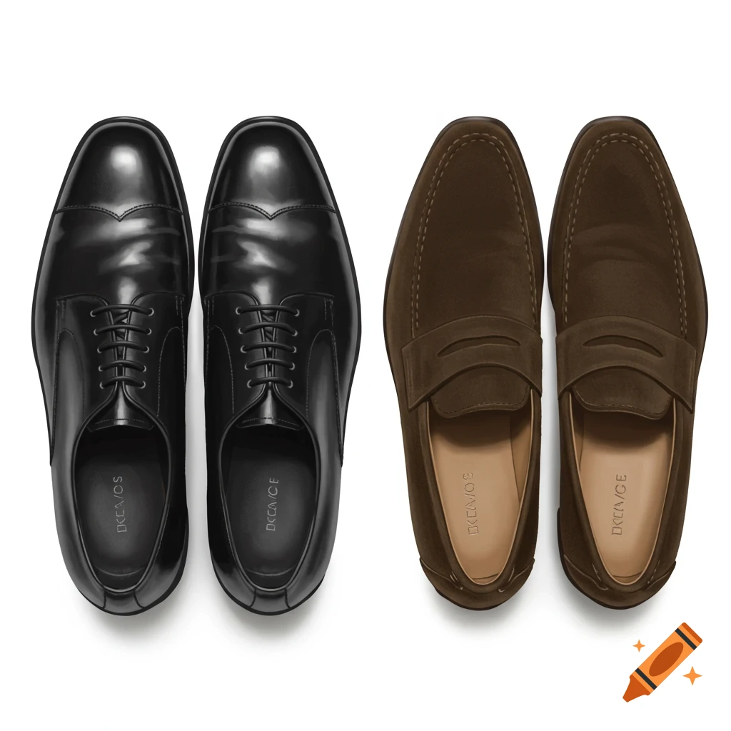 Two pairs of men's shoes, black dress shoes and brown loafers, seen from above.
