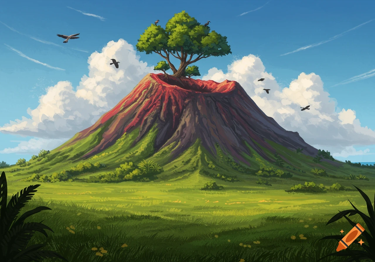Illustrative landscape of a volcano covered in vegetation, birds fly under a cloudy sky, with grassy fields in the foreground.