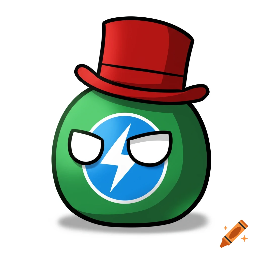 A green countryball character wearing a red top hat and a blue circle with a white lightning bolt symbol.