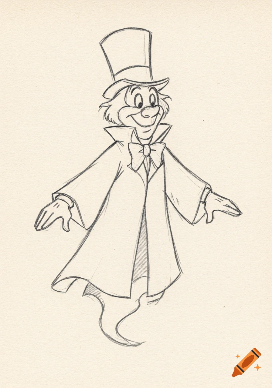 A pencil sketch of a cartoon ghost in a top hat and cape.