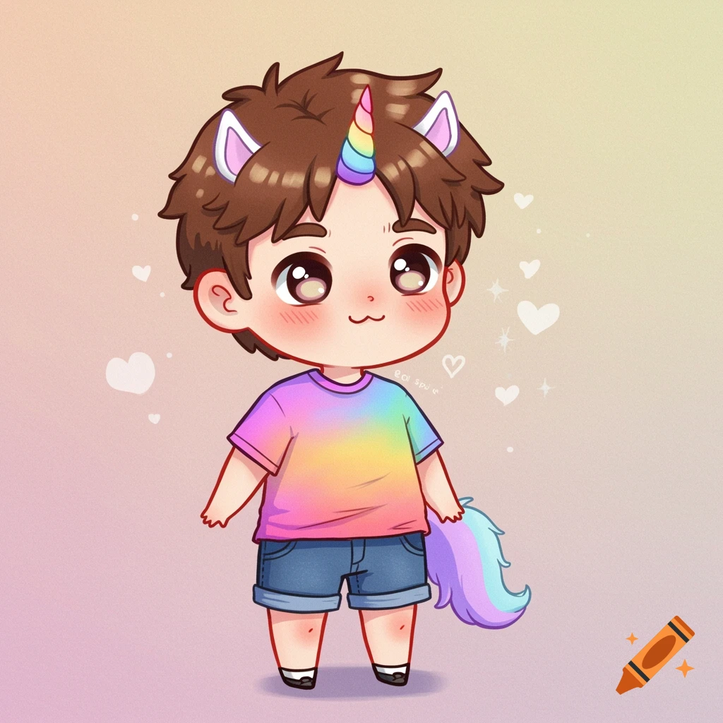 Cute chibi illustration of a boy wearing a rainbow shirt and denim shorts with unicorn horn, ears, and tail.