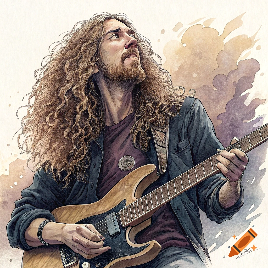 Watercolor illustration of a man with long curly hair and beard playing an electric guitar.