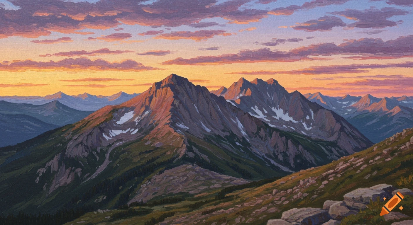 Impressionist painting of rocky mountains at sunrise with colorful clouds.