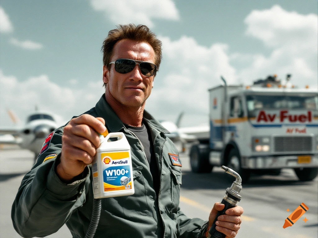Man resembling Arnold Schwarzenegger holds aviation fuel can and nozzle at airport