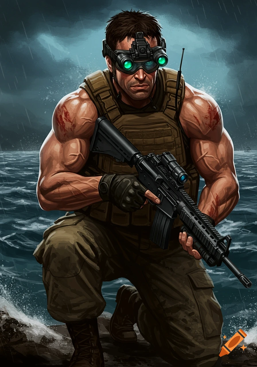 Drawing of a soldier in tactical gear and night vision goggles, kneeling in the rain with a rifle.