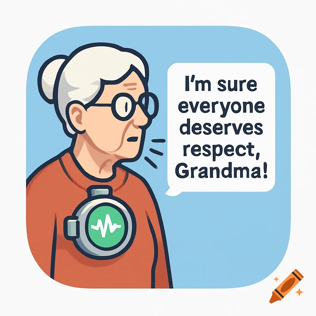 A cartoon illustration of an old woman with glasses and a device on her chest, speaking the text: "I'm sure everyone deserves respect, Grandma!".