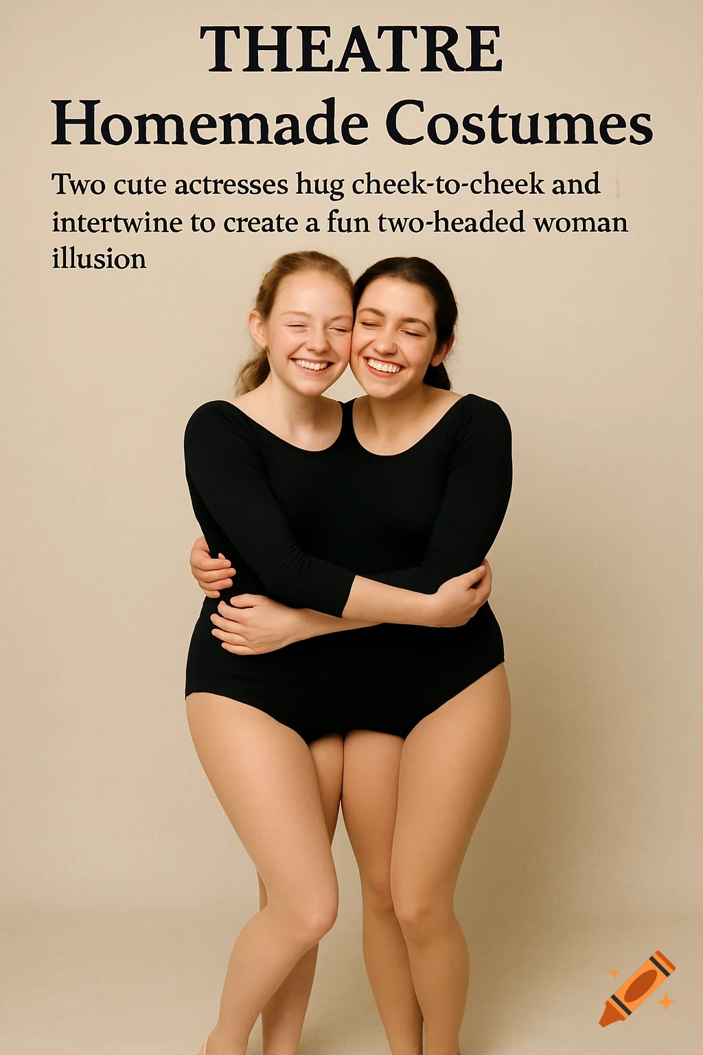 Two women hug in leotards and tights to create a two-headed illusion for a theatre magazine article.