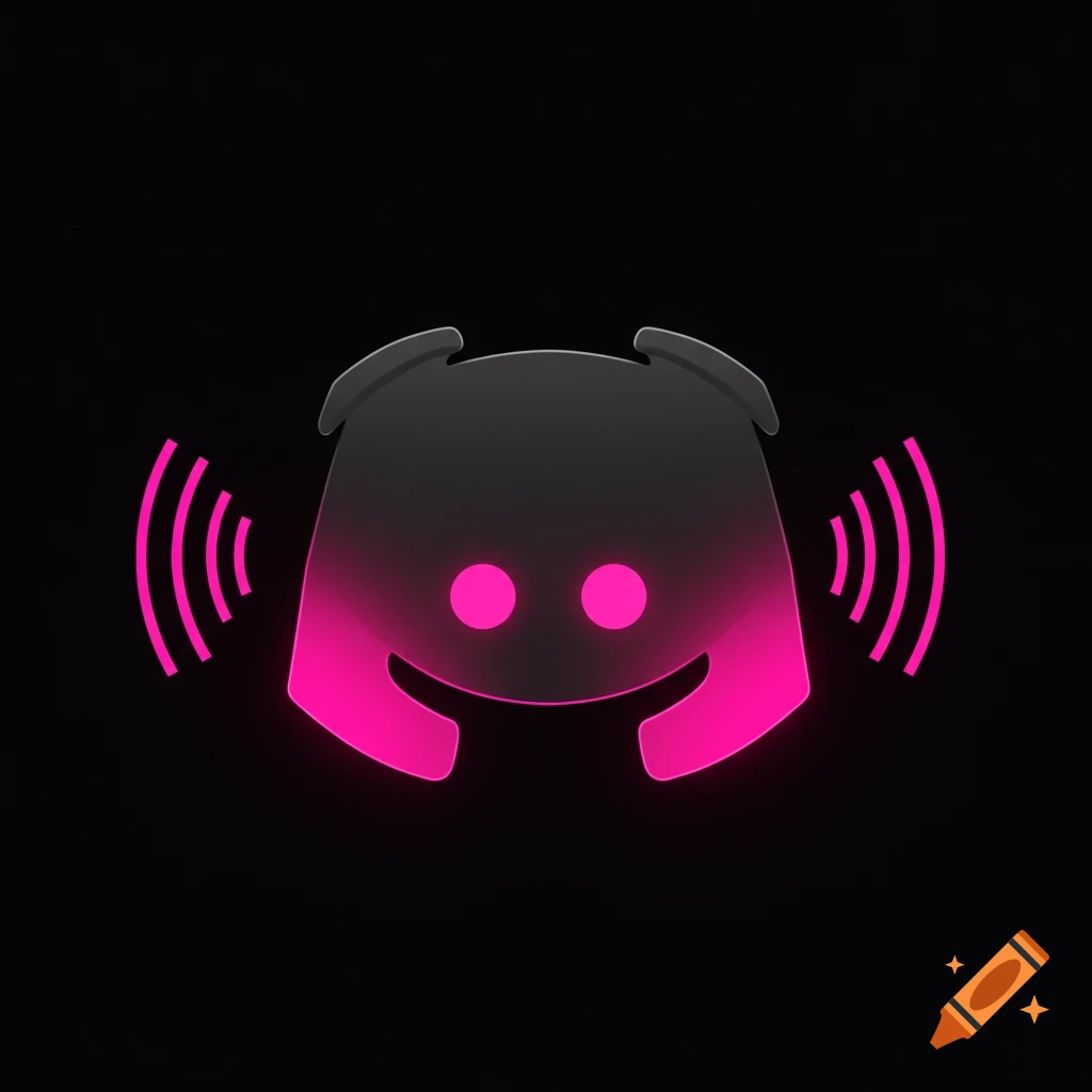 Stylized Discord-like logo with pink gradient and radiating waves on black.