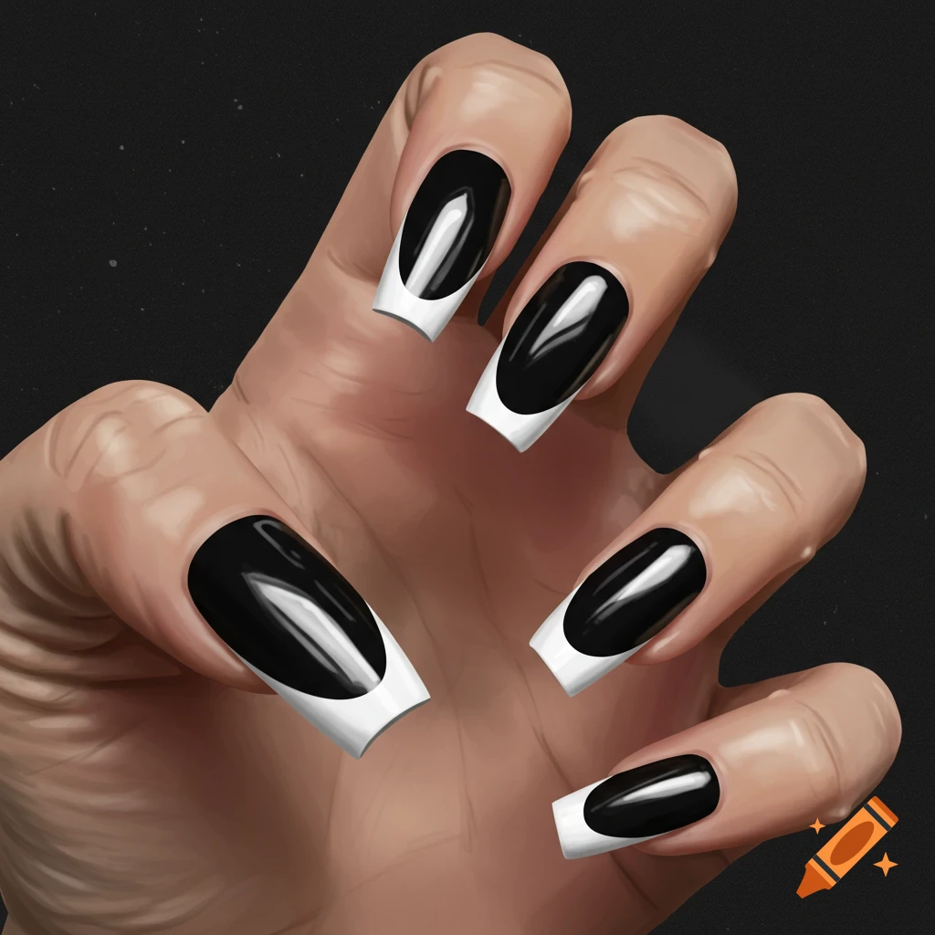 Close-up of a hand with long black and white French tip nails.