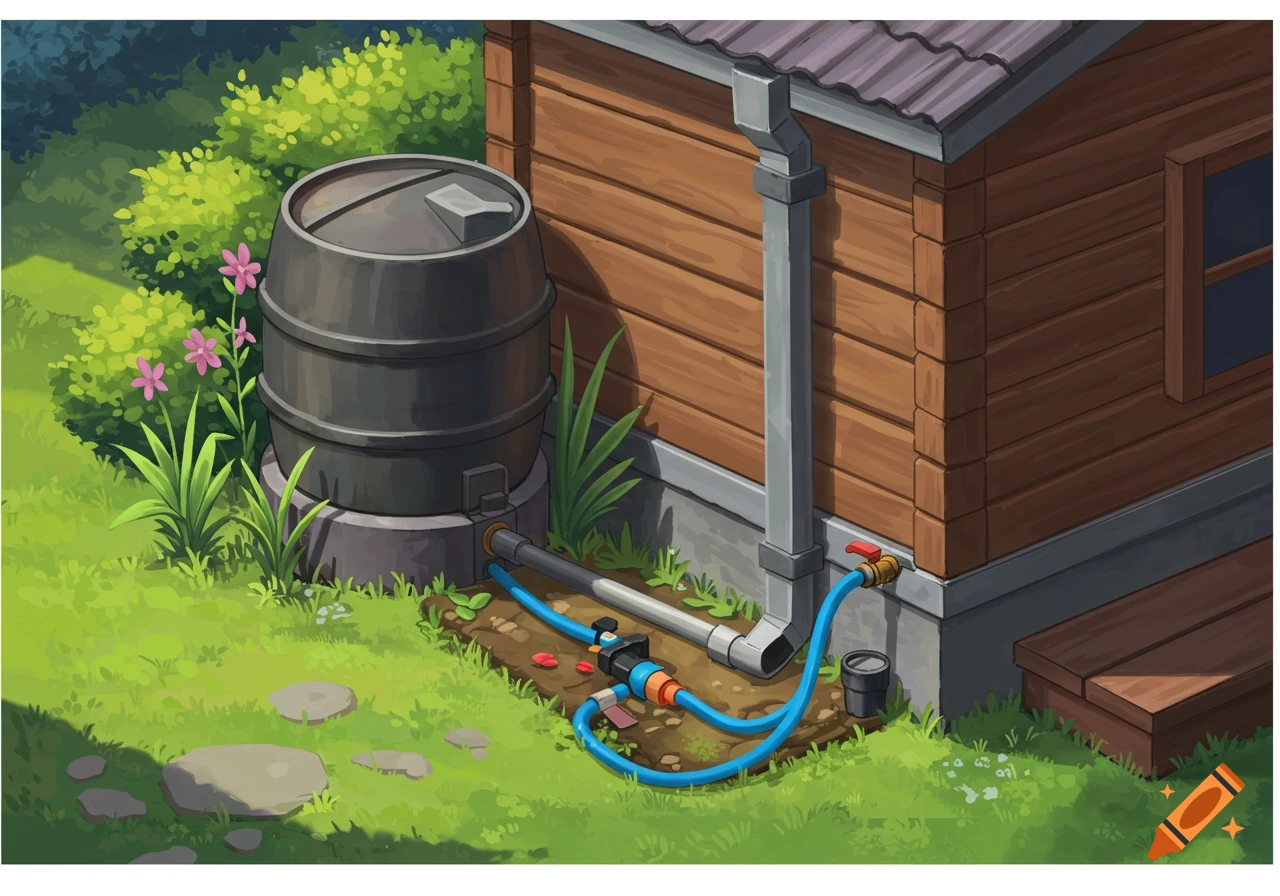An illustration of a rain barrel collecting water from a cabin's downspout, connected to an irrigation system in a garden.