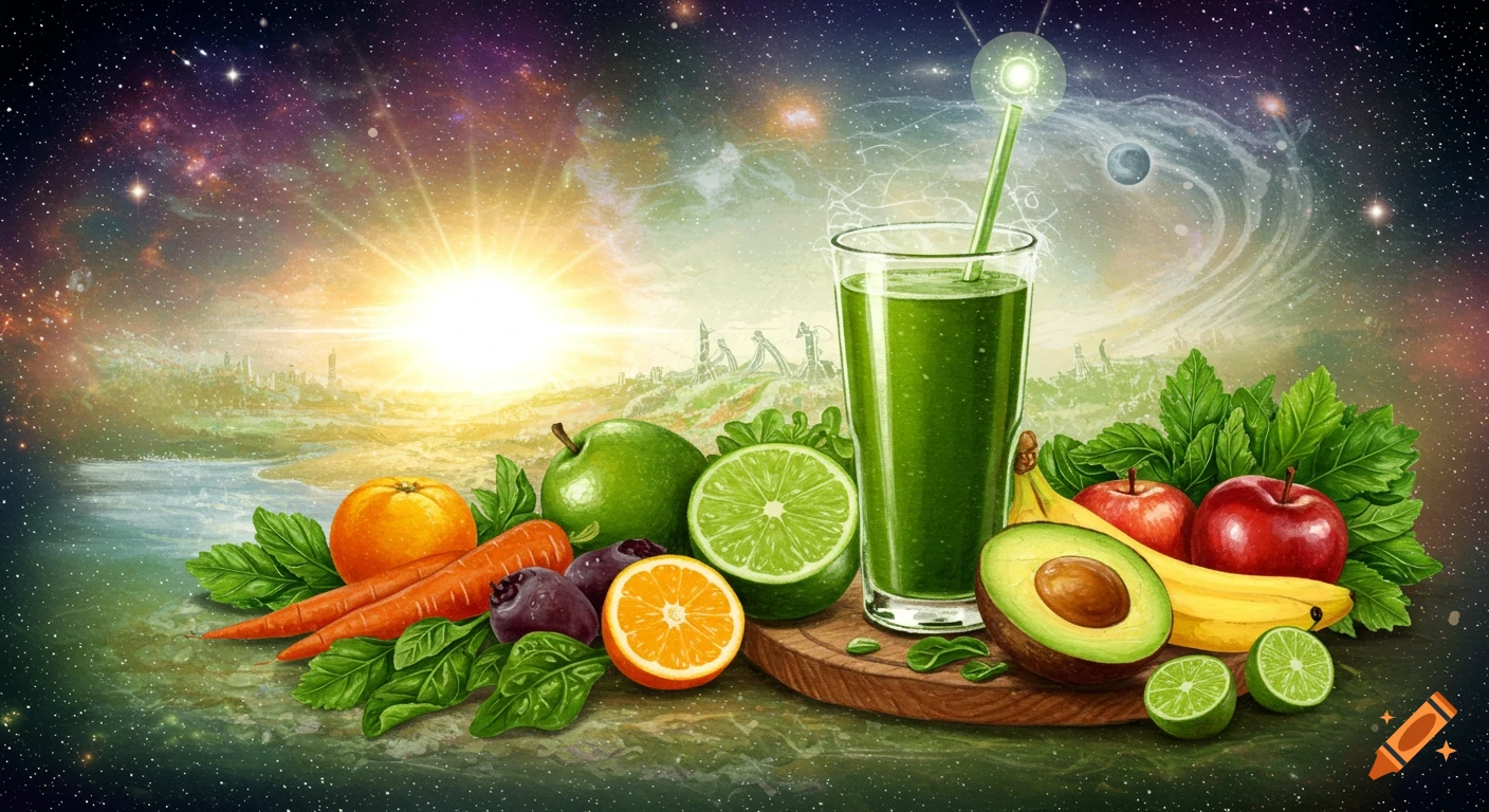Still life of fruits, vegetables, and green juice against a cosmic background.