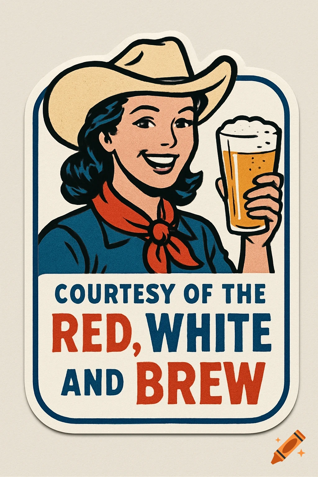 Vintage illustration sticker of a cheerful woman in a cowboy hat holding beer, text 'Courtesy of the Red, White And Brew'.
