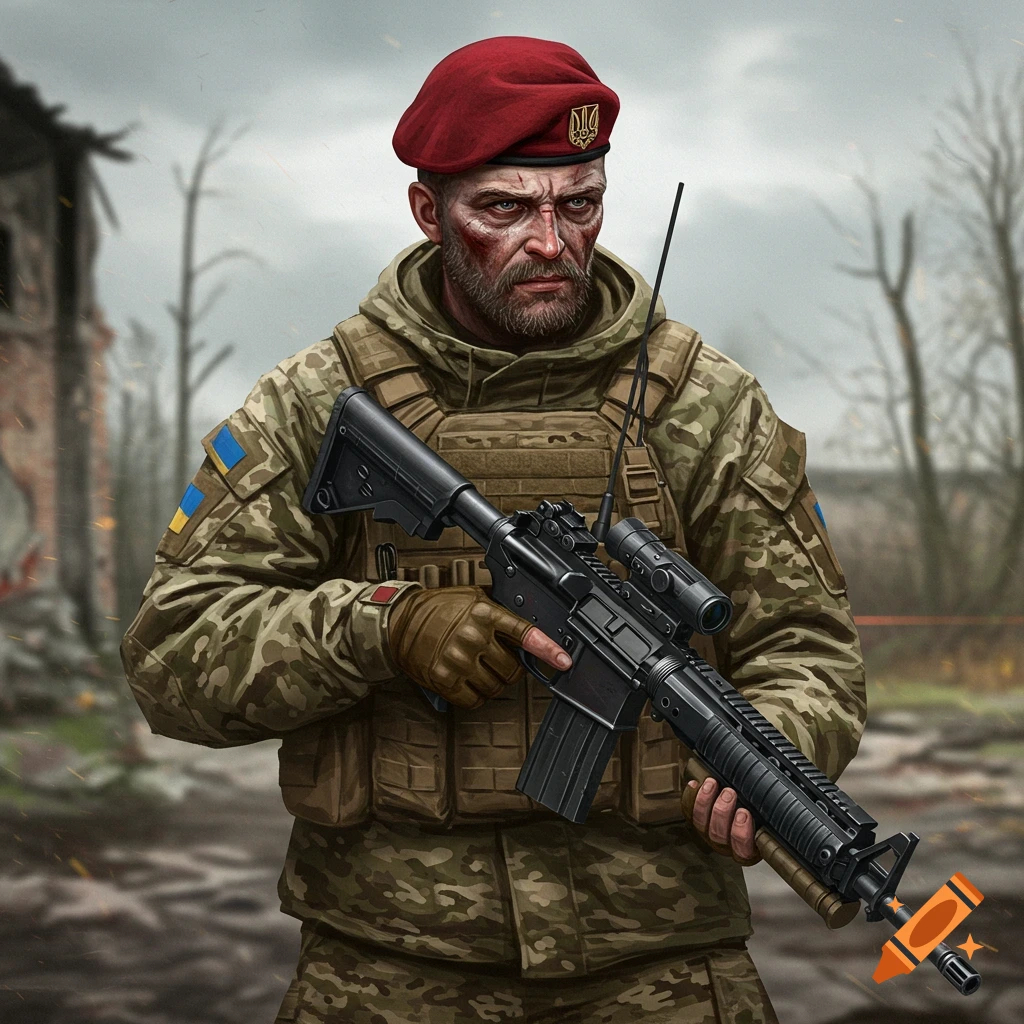 A stylized illustration of a soldier in camouflage and red beret holding a rifle in a ruined environment.
